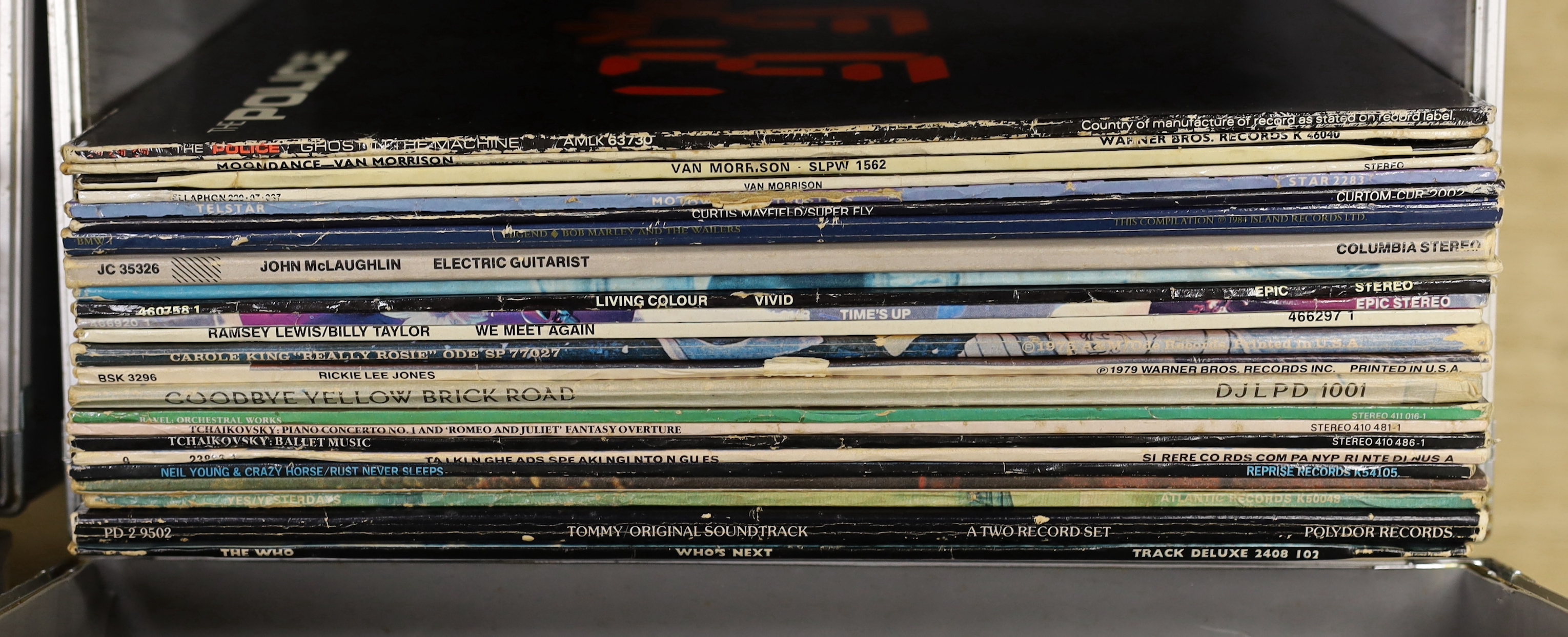 Forty-eight mainly 1970's-80's LPs contained within two LP flight cases, including The Police, Van Morrison, Rickie Lee Jones, Elton John, Neil Young, The Who, The Velvet Underground, Bruce Springsteen, Iggy Pop, etc.